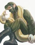  1boy animal bandaged_hand bandages black_boots black_hair boots danganronpa_(series) danganronpa_v3:_killing_harmony green_hat green_jacket green_pants hat highres holding holding_animal jacket katahaba_(wawawa_wa_haha) long_hair male_focus mask pants pants_tucked_in shinguji_korekiyo signature simple_background snake solo white_background yellow_eyes zipper_pull_tab 