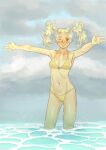  1girl :d ;d absurdres alternate_costume armpits ass_visible_through_thighs bare_arms bikini blonde_hair breasts commentary english_commentary fire_emblem fire_emblem_awakening grey_sky grin highres juicet1n lissa_(fire_emblem) looking_at_viewer navel ocean one_eye_closed outdoors outstretched_arms overcast parted_lips short_twintails sideboob sky small_breasts smile solo spread_arms stomach swimsuit thighs twintails wading wet yellow_bikini 