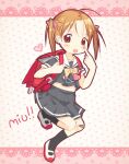  ! !! 1girl :p ahoge backpack bag bandaid bandaid_on_knee bandaid_on_leg black_serafuku black_socks blush bow bowtie brown_eyes character_name crime_prevention_buzzer full_body hair_bow heart heisei_retro ichigo_mashimaro matsuoka_miu mugi_(mugi44i) orange_hair parted_bangs pink_bow polka_dot polka_dot_background randoseru school_uniform serafuku shoes short_twintails single_horizontal_stripe socks solo standing standing_on_one_leg tongue tongue_out twintails uwabaki yellow_bow yellow_bowtie 