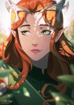  1girl animal_skull_ornament artist_name blurry blurry_background closed_mouth commentary critical_role dim_lighting dress dungeons_&amp;_dragons english_commentary eyelashes freckles green_dress green_eyes high_collar highres keyleth_(critical_role) light_smile long_hair looking_to_the_side matt_mendoza orange_hair outdoors parted_bangs pink_lips pointy_ears portrait shadow the_legend_of_vox_machina twitter_username 