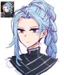  1girl alonemistrist blue_hair braid braided_ponytail brown_eyes closed_mouth commentary_request fire_emblem fire_emblem:_fortune's_weave game_screenshot_inset highres long_hair looking_at_viewer mole mole_under_mouth ponytail screenshot_inset simple_background solo ursula_(fire_emblem:_fortune's_weave) white_background 