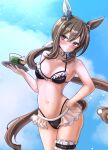  1girl admire_vega_(umamusume) animal_ears bare_shoulders bikini black_bikini blue_sky blush bow bowtie breasts brown_hair closed_mouth commentary_request cup cupcake ear_covers food frilled_bikini frilled_thigh_strap frills hair_between_eyes highres holding holding_tray horse_ears horse_girl horse_tail long_hair looking_at_viewer low_ponytail maid maid_bikini medium_breasts navel outdoors ponytail purple_eyes royal_kale_juice_(umamusume) single_ear_cover sky solo stomach swimsuit tail thigh_strap tofu_thunder tray umamusume unconventional_maid white_bow white_bowtie 