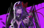  1girl akemi_homura akuma_homura black_dress black_gloves black_wings bow breasts center_opening commentary crack cracked_glass cup dress drinking_glass elbow_gloves feathered_wings gloves hair_bow hairband highres holding holding_cup looking_at_viewer mahou_shoujo_madoka_magica mahou_shoujo_madoka_magica:_hangyaku_no_monogatari medium_breasts purple_eyes red_bow red_hairband shiyan_ying solo wine_glass wings 