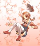  1girl :d brown_eyes brown_hair fu-haru hat hat_removed hat_ribbon headwear_removed kotone_(pokemon) open_mouth overalls pokemon pokemon_(game) pokemon_hgss red_shoes ribbon shoes sitting smile solo star starry_background thighhighs twintails white_legwear 