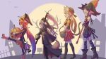  4girls absurdres alternate_costume animal_ears animal_hands bare_tree basket beret bird black_hat black_robe black_skirt blue_hair boots broom building cat_ears cat_tail commentary cross fake_animal_ears fence flower_(gynoid_talk) flower_(vocaloid) from_side full_moon gloves gradient_hair grave green_hair gynoid_talk halloween halloween_bucket halloween_costume hat high_heels highres holding holding_basket holding_broom holding_scythe horns jack-o'-lantern kokodoko_(g_kkdk) leg_up long_hair mask mask_on_head meika_hime meika_mikoto miniskirt moon multicolored_hair multiple_girls orange_shorts paw_gloves pink_hair pleated_skirt pumpkin_mask purple_streaks purple_thighhighs robe scythe shirt shorts silhouette skeletal_wings skirt skull_mask sleeves_past_fingers sleeves_past_wrists streaked_hair striped_clothes striped_thighhighs tail thighhighs tree twintails very_long_hair vest vocaloid walking white_hair wings witch_hat xin_hua xin_hua_(vocaloid4)_(japanese) yellow_shirt 