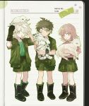  1girl 2boys absurdres aged_down ahoge animal animal_on_head belt bird bird_on_head black_boots blush boots brown_eyes brown_hair chinese_commentary commentary_request danganronpa_(series) danganronpa_2:_goodbye_despair full_body gloves goat green_eyes green_jacket green_shirt green_shorts hair_between_eyes highres hinata_hajime holding holding_animal jacket komaeda_nagito looking_at_viewer multiple_boys nanami_chiaki on_head one_eye_closed open_clothes open_jacket owl pink_eyes pink_hair pink_shirt rubber_boots rubber_gloves shirt shirt_tucked_in short_hair shorts shuimu_guan tiger undershirt white_bird white_hair white_tiger 