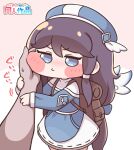  1girl backpack bag beret black_hair blue_dress blue_eyes blush brown_bag chibi commentary dress hand_on_another's_cheek hand_on_another's_face hand_on_another's_head hat highres long_hair low_twintails mayo_(trickcal) skirt suwa_yasai trickcal twintails white_skirt wings 