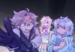  1girl 2boys aged_down alternate_hairstyle aotsuki_eito black_gloves black_vest book character_doll chromatic_aberration clenched_teeth commentary doll english_commentary eyepatch glasses gloves grey_hair highres holding holding_book holding_doll kirifuji_nozomi long_hair looking_at_another medical_eyepatch medical_scrubs multiple_boys nervous_sweating outstretched_arm pink_eyes purple_eyes shion_(hundred_line) shirt short_hair sirei_(hundred_line) sweat teeth the_hundred_line_-last_defense_academy- twintails vest void_(zimaistina) white_shirt 