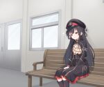  1girl absurdres ajsjm140648 armband ascot black_armband black_boots black_hair black_hat black_jacket black_skirt blunt_bangs blush boots commentary_request fan_request frilled_skirt frills hachiroku_(maitetsu) hair_between_eyes hat high-waist_skirt highres indoors jacket long_hair long_sleeves maitetsu medium_skirt parted_lips peaked_cap red_eyes sidelocks sitting skirt sleepy solo squeans straight_hair very_long_hair white_ascot 