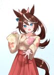  1girl animal_ears blue_eyes blush breasts brown_hair commentary_request floral_print floral_print_kimono hair_between_eyes hakama hakama_skirt horse_ears horse_girl horse_tail japanese_clothes kimono long_hair long_sleeves looking_at_viewer multicolored_hair open_mouth ponytail print_kimono skirt small_breasts smile solo streaked_hair tail tofu_thunder tokai_teio_(umamusume) two-tone_hair umamusume white_hair 
