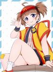  1girl ahoge alternate_eye_color arm_support back_ribbon badge bandaid bandaid_on_knee bandaid_on_leg black_necktie black_shorts blue_border blush border brown_hair button_badge closed_mouth collared_shirt commentary contrast_collar cut_bangs dotted_background employee_uniform fast_food_uniform foot_out_of_frame hand_up happi headset highres imadake_dabuchi_tabemi japanese_clothes knee_up looking_at_viewer mcdonald's miu_pal necktie on_stool open_hand open_happi outline pinstripe_pattern pinstripe_shirt purple_eyes red_ribbon red_shoes red_trim red_visor_cap ribbon shirt shirt_tucked_in shoes short_hair short_shorts short_sleeves short_twintails shorts sitting smile socks solo spread_fingers stool striped_border striped_clothes striped_shirt thick_thighs thighs twintails vertical-striped_clothes vertical-striped_shirt visor_cap waving white_background white_outline white_shirt white_socks wristband yellow_happi 