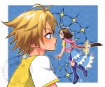  1boy 1girl armband artist_name bare_shoulders blonde_hair blue_background blue_boots blue_eyes blue_skirt boots border breasts brown_hair commentary_request final_fantasy final_fantasy_x final_fantasy_x-2 floating hair_ornament half-skirt halo hood hood_down kingdom_hearts kingdom_hearts_ii looking_at_another medium_breasts medium_hair midriff parted_bangs pink_hood shikiwo shirt short_hair size_difference skirt smile t-shirt tidus upper_body white_border white_shirt white_sleeves wing_hair_ornament yellow_armband yellow_shirt yuna_(ff10) 