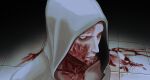  1boy blood blood_splatter burn_scar closed_mouth collarbone disfigured highres hood hood_up leyagrossman looking_at_viewer looking_up male_focus ruvik scar scar_on_cheek scar_on_face solo the_evil_within tile_floor tiles upper_body 
