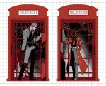  1boy 1other black_shirt black_suit blood chinese_commentary clock coat collared_shirt commentary_request dante_(limbus_company) fire grey_hair grid_background hand_in_pocket highres hoyapaint limbus_company limited_palette looking_down necktie object_head phone_booth project_moon red_coat red_eyes red_necktie scar scar_on_face shirt short_hair simple_background suit vergilius_(project_moon) white_background 