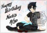  1boy black_boots black_hair black_pants black_shirt boots carbuncle_(final_fantasy) cargo_pants character_name closed_mouth commentary_request creature_on_lap dated final_fantasy final_fantasy_xv full_body hair_between_eyes happy_birthday horns kirishima_saya male_focus noctis_lucis_caelum pants shirt short_hair short_sleeves single_horn sitting smile solo spiked_hair t-shirt twitter_username 