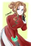  1girl artist_name blue_eyes breasts china_dress chinese_clothes cinq_association_east_uniform commentary_request cowboy_shot double_bun dress hair_bun hand_on_own_face highres large_breasts limbus_company looking_at_viewer mole mole_under_eye project_moon red_dress rodion_(project_moon) sigma186 smile solo 