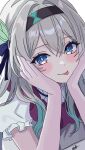  1girl batzsumi black_hairband blue_pupils commentary dress english_commentary firefly_(honkai:_star_rail) gradient_eyes grey_hair hair_intakes hairband head_rest highres honkai:_star_rail honkai_(series) looking_at_viewer multicolored_eyes signature simple_background smile solo tongue tongue_out two-tone_eyes white_background white_dress 