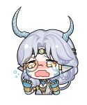  1girl aqua_scales artist_request asymmetrical_horns bare_shoulders blue_horns blue_skin bracelet braid braided_hair_rings chibi colored_extremities colored_skin cropped_torso crying crying_with_eyes_open dragon_girl dragon_horns dress frown furrowed_brow gold_bracelet gold_ring greco-roman_clothes green_headband grey_hair hair_over_shoulder hair_rings hair_tubes hands_up headband horns infinity_nikki jewelry long_hair looking_ahead low_ponytail medael_(infinity_nikki) monocle multicolored_skin multiple_bracelets multiple_rings nikki_(series) official_art open_mouth parksolian_(infinity_nikki) pointy_ears ponytail ring ring_on_every_finger round_eyewear sad side_braid sleeveless sleeveless_dress solo sticker_(medium) teardrop tears transparent_background two-tone_skin wavy_mouth white_dress yellow-framed_eyewear yellow_eyes 