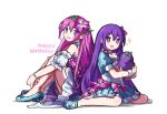  +_+ 2girls :d alternate_costume aubrey_(faraway)_(omori) aubrey_(headspace)_(omori) aubrey_(omori) back-to-back bare_arms bare_legs bare_shoulders blue_dress blue_eyes blue_shoes bow bracelet bright_pupils choker collarbone double-parted_bangs dress dress_bow dress_flower dual_persona flower frilled_choker frilled_dress frilled_sleeves frills full_body hair_between_eyes hair_bow hair_flower hair_ornament happy_birthday highres holding holding_stuffed_toy jewelry knees_up leaf long_hair looking_at_viewer mary_janes mr._plantegg_(omori) multiple_girls off-shoulder_dress off_shoulder omori open_mouth pink_bow pink_flower pink_hair puffy_short_sleeves puffy_sleeves purple_dress purple_eyes purple_hair shoes short_dress short_sleeves sidelocks simple_background sitting smile sparkle straight_hair stuffed_eggplant stuffed_toy tareme v_arms very_long_hair wariza white_background white_choker white_pupils white_sleeves white_trim wristband zhentan10806 