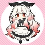  1girl apron black_bow black_bowtie black_dress black_hairband black_shoes black_socks bow bow_hairband bowtie chibi chibi_only closed_mouth commentary_request double-parted_bangs dress frilled_apron frilled_dress frills full_body gradient_hair hairband juliet_sleeves long_hair long_sleeves multicolored_hair nise_dorothia original puffy_sleeves red_eyes red_hair shoes socks solo standing white_apron white_hair 