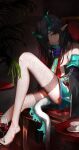  1girl absurdres alcohol arknights bare_shoulders black_hair black_jacket blue_hands blue_skirt closed_mouth commentary_request cup dragon_girl dragon_horns dragon_tail drinking_glass dusk_(arknights) hand_on_own_face highres holding holding_cup holding_with_feet horns jacket lace-trimmed_thighhighs lace_trim liuyunnnn long_hair necktie no_shoes open_clothes open_jacket pointy_ears red_eyes red_necktie shirt skirt sleeveless sleeveless_shirt solo tail thighhighs white_shirt white_thighhighs wine wine_glass 