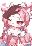  1girl :3 absurdres ahoge akatsuki696 animal_ears bare_shoulders blush breasts chibi chibi_only cleavage commentary_request dress headpat heart heart-shaped_eyes heart_ahoge highres large_breasts long_hair one_eye_closed pink_hair selene_(trickcal) signature simple_background solo sound_effects trickcal white_background 