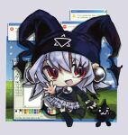  1girl :d bat_wings black_sweater bliss_(image) blue_sky demon_tail detached_wings flea_(artist) grass grey_background grey_hair hat hexagram highres jester_cap large_earrings looking_at_viewer microsoft_windows nanika_wiz_mayura plaid_clothes plaid_skirt red_eyes road_sign short_hair sign simple_background skirt sky smile solo star_of_david stop_sign sweater tail ukagaka warning_sign waving window_(computing) windows_xp wings wrist_belt 