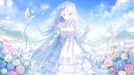  1girl absurdres bird blue_eyes blue_sky breasts bridal_veil closed_mouth cloud cloudy_sky commentary cowboy_shot day detached_sleeves dress dress_flower falling_petals field flower flower_field flower_request frilled_dress frills hair_between_eyes hair_flower hair_lift hair_ornament hand_up highres holding_own_dress huazeshi juliet_sleeves long_bangs long_hair long_sidelocks long_sleeves looking_at_viewer neck_ribbon official_alternate_costume outdoors petals print_dress print_veil project_sekai puffy_sleeves ribbon saihate_e_to_tobu_kimi_e_(project_sekai) see-through_clothes see-through_veil sidelocks sky sleeveless sleeveless_dress small_breasts smile solo untranslatable_commentary veil very_long_hair wedding_dress white_bird white_dress white_flower white_hair white_ribbon white_sleeves yoisaki_kanade 