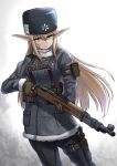  1girl black_hat black_pants bolt_action brown_gloves brown_hair closed_mouth commentary_request fur-trimmed_gloves fur-trimmed_jacket fur_hat fur_trim gloves green_eyes grey_jacket gun hair_between_eyes hat highres holding holding_gun holding_weapon holstered jacket knife long_hair long_pointy_ears long_sleeves looking_at_viewer matsunaga_maguro mauser_98 original pants pointy_ears rifle scar scar_on_cheek scar_on_face solo trigger_discipline very_long_hair weapon 