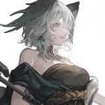 1girl ambience_synesthesia arknights bare_shoulders black_dress breasts commentary dress fangs feathered_wings grey_hair hair_between_eyes head_wings highres ho'olheyak_(arknights) ho'olheyak_(carriage_of_the_winds_of_time)_(arknights) jewelry kotowaza medium_hair official_alternate_costume parted_lips shawl sidelocks solo strapless strapless_dress untranslatable_commentary upper_body wings 