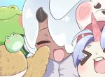  >_< 2others 4girls :3 :d aya_(trickcal) blue_hair closed_eyes colored_eyebrows commentary croakie_(trickcal) dark_skin english_commentary epica_(trickcal) face-to-face frog frog_hair_ornament hair_ornament hat highres multiple_girls multiple_others parted_bangs sebastian_(trickcal) sibeoji simple_background small_horns smile straw_hat teeth trickcal ui_(trickcal) unicorn_horn upper_teeth_only vivi_(trickcal) water_drop white_hair 