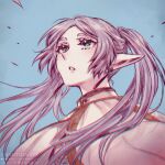  1girl capelet chanti_(chantilin) chromatic_aberration clip_studio_paint_(medium) commentary earrings elf english_commentary film_grain frieren green_eyes grey_hair jewelry long_hair meme pointy_ears portrait solo sousou_no_frieren teardrop_earrings thick_eyebrows twintails upward_angle_frieren_drawing_(meme) watermark white_capelet 