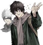  1boy backpack bag black_hair boruto_(series) flak_jacket forehead_protector green_jacket hair_between_eyes hatake_kakashi highres jacket konohagakure_shinobi_uniform konohagakure_symbol male_focus mole mole_under_mouth multiple_views naruto_(series) open_mouth scarf short_hair simple_background sparkle sso_s sukea_(naruto) upper_body white_background white_hair 