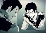  1boy after_battle bathroom black_hair blood blood_on_clothes blood_on_face bright_noa commentary_request defeat earth_federation greyscale gundam highres injury looking_at_mirror military_rank_insignia military_uniform mirror monochrome oliolio scene_reference science_fiction zeta_gundam 