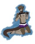  biting_lip blue_eyes bracelet chest_tuft clothed clothing cuntboy fur intersex jewelry kneeling mammal mustelid nipples otter pawpads sarvix shirt shirt_lift simple_background solo swim_trunks tuft underwear undressing 