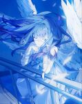  1girl arm_ribbon bare_shoulders black_hair closed_eyes closed_mouth columbina_(genshin_impact) commentary dress elbow_rest eye_mask feathered_wings feathers genshin_impact hair_ornament hair_ribbon head_wings highres leaning_on_object long_hair long_sidelocks mask multicolored_hair multiple_wings naengbi1008 purple_hair purple_streaks railing ribbon see-through_clothes see-through_mask sidelocks solo streaked_hair two-tone_hair untranslatable_commentary very_long_hair white_dress white_mask white_ribbon white_wings wing_hair_ornament wings wrist_bow 