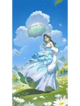  aqua_hair bare_shoulders black_choker blue_bridal_gauntlets blue_dress blue_sky border bridal_gauntlets chatula chinese_commentary choker cloud commentary_request cumulonimbus_cloud daisy_(flower) day dress eyelashes fairytale_swan_(infinity_nikki) feather-trimmed_dress feather_hair_ornament feathers field floating_clothes flower flower_field fur_shawl gown grey_eyes hair_ornament highres holding holding_umbrella infinity_nikki lace-trimmed_umbrella long_hair mountain nikki_(series) official_alternate_color outdoors parasol parted_lips petals pillarboxed shawl sky strapless strapless_dress striped_clothes striped_dress tree umbrella vertical-striped_clothes vertical-striped_dress wavy_hair white_border white_flower white_shawl white_umbrella wind 