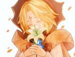  1boy blonde_hair blue_gem brooch brown_cloak brown_hat chinese_commentary cloak closed_eyes club_(shape) colored_eyelashes commentary_request cookie_run cookie_run:_kingdom covered_mouth facial_mark flower flower_to_mouth forehead_mark four-pointed_star gem hat highres holding holding_flower humanization jewelry lily_(flower) long_sleeves male_focus petals pure_vanilla_cookie robe short_hair simple_background solo star_(symbol) star_facial_mark upper_body white_background white_flower white_robe youyoumingming70938 