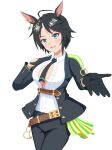  1girl absurdres ahoge animal_ears belt black_gloves black_hair black_jacket black_necktie black_pants blue_eyes blush breasts brown_belt center_frills center_opening collared_shirt commentary_request ddren_(aikatsu) ear_ornament ear_piercing frilled_shirt frills fuji_kiseki_(shooting_star_revue)_(umamusume) fuji_kiseki_(umamusume) gloves highres horse_ears horse_girl jacket long_sleeves looking_at_viewer multicolored_hair necktie no_bra open_mouth pants piercing shirt short_hair simple_background solo teeth umamusume upper_teeth_only white_background white_shirt 