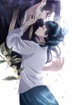  1boy 1girl 9ru_ki aqua_hair bandaged_wrist bandages blue_eyes blue_skirt blunt_bangs bow-shaped_hair chinese_clothes commentary_request falling_petals flower half_updo hand_on_another's_cheek hand_on_another's_face highres jinshi_(kusuriya_no_hitorigoto) kusuriya_no_hitorigoto looking_at_another maomao_(kusuriya_no_hitorigoto) parted_bangs parted_lips petals pink_eyes purple_hair shirt skirt upper_body white_background white_petals white_shirt yellow_flower 