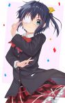  1girl birthday black_jacket blazer blue_eyes blue_hair blush bow bowtie breasts chuunibyou_demo_koi_ga_shitai! commentary_request confetti double_v eyepatch frilled_skirt frills hair_between_eyes hair_ribbon hands_up highres icho_private_high_school_uniform jacket looking_at_viewer medical_eyepatch medium_hair miniskirt plaid_clothes plaid_skirt pleated_skirt red_bow red_bowtie red_skirt ribbon school_uniform shikkoku_no_hono_mikado shirt side_ponytail skirt small_breasts smile solo standing takanashi_rikka v white_shirt yellow_ribbon 
