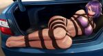  1girl absurdres arms_behind_back ball_gag barefoot bdsm bikini bondage bound bound_ankles bound_arms bound_legs breasts car_trunk commentary commission eiyuu_densetsu english_commentary gag gagged hair_ornament highres kidnapped kidnapping kloe_rinz medium_breasts purple_bikini purple_eyes purple_hair rainnear restrained sand shibari short_hair solo sora_no_kiseki swimsuit 