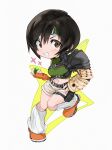  1girl armor belt black_belt black_hair brown_eyes chest_harness chibi chibi_only commentary crop_top english_commentary final_fantasy final_fantasy_vii final_fantasy_vii_remake fingerless_gloves gloves green_shirt hair_between_eyes hand_on_own_hip harness holster looking_at_viewer loose_socks materia midriff navel orange_gloves orange_shoes parted_lips pauldrons ribbed_shirt ribbed_socks shirt shoes short_hair shorts shoulder_armor single_arm_guard single_bare_shoulder single_pauldron sleeveless sleeveless_turtleneck smile sneakers socks solo teeth thigh_holster turtleneck vinetsu white_background white_shorts white_socks yuffie_kisaragi 
