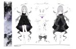  1girl ahoge back_bow bare_legs bare_shoulders barefoot black_dress black_eyes black_halo black_nails bow character_name collarbone commentary_request cursive detached_sleeves detached_wings dress ear_piercing earrings english_text fingernails floating full_body gem grey_bow grey_hair grey_ribbon grey_sleeves grey_wings halo high-low_dress highres indie_utaite jewelry large_bow leg_ribbon long_hair mini_wings multiple_piercings multiple_views muto_(utaite) nail_polish necklace pendant piercing purple_gem reference_sheet ribbon second-party_source see-through_clothes see-through_sleeves simple_background sleeveless sleeveless_dress sparkle tks_10ru utaite white_background wings wrist_ribbon 
