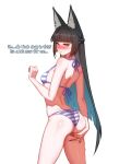  1girl absurdres alternate_costume animal_ear_fluff animal_ears ass bikini black_hair blush closed_mouth commentary embarrassed english_commentary fox_ears fox_girl from_behind grabbing_own_ass highres hoshimi_miyabi long_hair looking_at_viewer red_eyes shirt simple_background solo striped_bikini striped_clothes sweat swimsuit walid_zouirech white_shirt zenless_zone_zero 