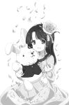 1girl asymmetrical_bangs commentary_request dress falling_petals flower greyscale hair_flower hair_ornament highres holding holding_petal holding_stuffed_toy long_dress monochrome nakagawa_hiromi original petal_on_head petals sitting smile solo stuffed_animal stuffed_rabbit stuffed_toy 