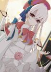  1girl absurdres arcaea beret blue_bow bow carnation closed_mouth culumi_0416 detached_wings dress flower frilled_dress frills gem_hat_ornament hat hat_ribbon highres hikari_(arcaea) hikari_(fracture)_(arcaea) long_hair long_sleeves looking_at_viewer mechanical_wings pink_carnation pink_flower puffy_sleeves red_bow red_eyes red_hat ribbon simple_background solo two-tone_bow upper_body white_background white_dress white_hair wings 