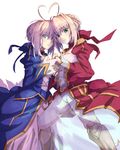  ahoge artoria_pendragon_(all) bad_id bad_pixiv_id blonde_hair blue_eyes dress fate/extra fate/stay_night fate_(series) greaves green_eyes hair_ribbon heart_ahoge heart_ahoge_duo holding_hands multiple_girls nero_claudius_(fate) nero_claudius_(fate)_(all) ribbon saber see-through symmetry yude 