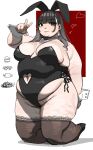  1girl animal_ear_hairband animal_ears arm_behind_back bare_shoulders big_belly black_hair black_leotard black_pantyhose blunt_bangs blush boned_meat breasts closed_mouth crab double_chin fake_animal_ears fat food full_body hairband hand_up heart highleg highleg_leotard highres kneeling lace lace_pantyhose large_breasts leotard long_hair looking_at_viewer looking_to_the_side meat military_vehicle motor_vehicle navel obese original pantyhose playboy_bunny rabbit_ear_hairband rabbit_ears sidelocks smile solo squid strapless strapless_leotard tank thick_arms thick_thighs thighs utoka w white_background wrist_cuffs 