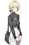  1girl absurdres alternate_costume artist_name bag blonde_hair braid braided_base breasts bun_with_braided_base commentary coteri cropped_sweater english_commentary evelyn_chevalier grey_background grey_pants hair_bun highres looking_at_viewer midriff mole mole_under_eye navel pants purple_eyes ribbed_sweater shoulder_bag simple_background solo sweater turtleneck turtleneck_sweater zenless_zone_zero 